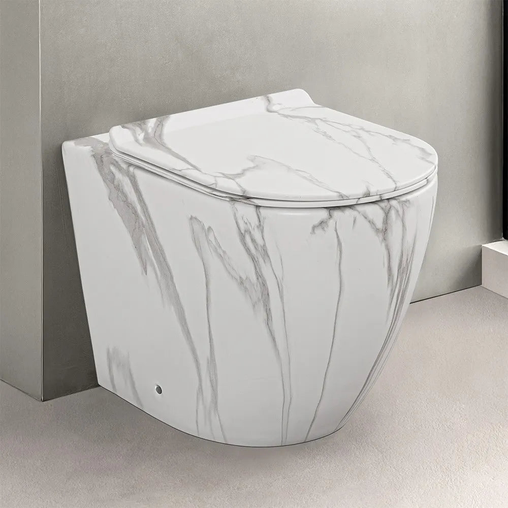 WC filomuro Rimless in ceramica marmorizzata bianca con sedile Tokyo