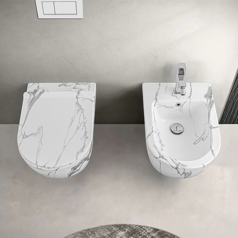 WC sospeso Rimless in ceramica marmorizzata bianca con sedile Tokyo