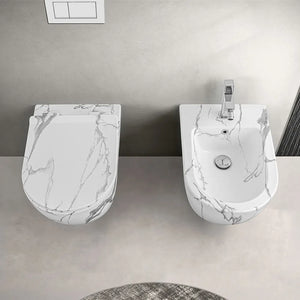 WC sospeso Rimless in ceramica marmorizzata bianca con sedile Tokyo