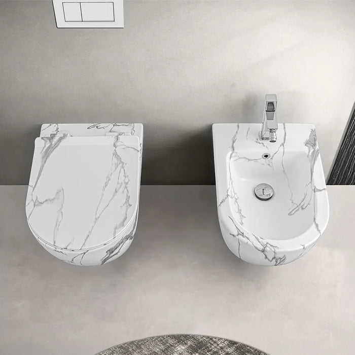 WC sospeso Rimless in ceramica marmorizzata bianca con sedile Tokyo