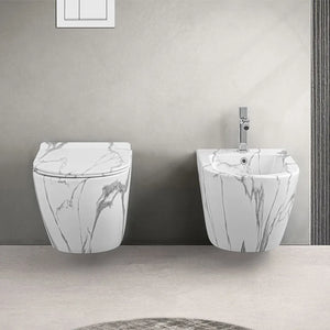 WC sospeso Rimless in ceramica marmorizzata bianca con sedile Tokyo