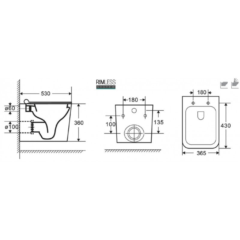 WC sospeso nero senza brida Tornado BOFY 53x36,5x36 cm