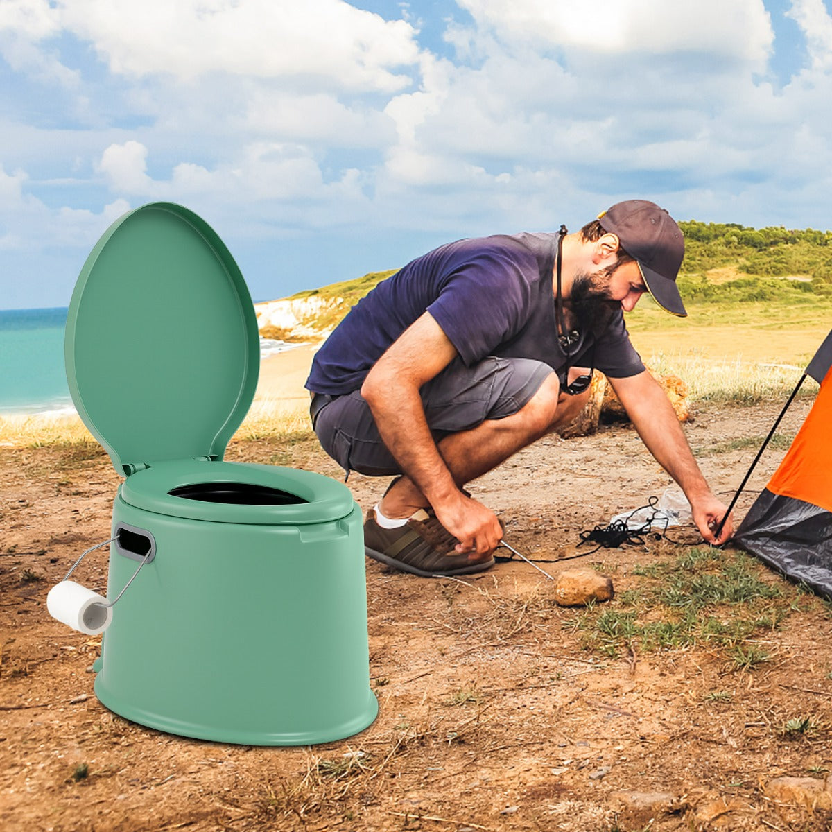 Toilette da viaggio portatile per esterni leggera con secchio interno rimovibile-Supporto per carta igienica rimovibile Verde