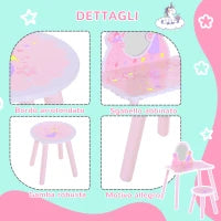 Toeletta per Bambini con Sgabello in Legno, Tavolo Trucco con Specchio Moderno e Cassetto, 59L x 39P x 77A cm, Rosa