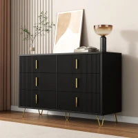 Credenza con 6 cassetti, maniglie e gambe dorate, texture ondulata, 120x40x77 cm, Nero e Oro