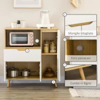 Mobiletto per Microonde con Ripiano Aperto, Armadietti e Cassetto, 90x40x98.5cm Bianco e Legno