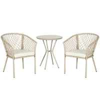 Set da Giardino in Rattan con 2 Poltroncine con Cuscini e Tavolino da Caffè in Vetro, Khaki