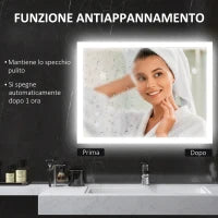 kleankin Specchio Bagno LED Antiappannamento con 3 Colori e Luminosità Regolabile, in Metallo e Vetro, 80x60x3 cm