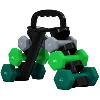Set 6 Manubri Pesi (2x1 kg, 2x2 kg, 2x3 kg) da 12 kg con Supporto/Kettlebell, in Metallo e Plastica Multicolore