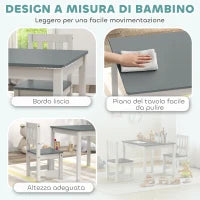 Set Tavolo e Sedie per Bambini da 3-8 Anni 3 pz in Legno con Bordi Arrotondati, Grigio e Bianco