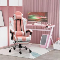 Poltrona da Gioco, Sedia da Ufficio Ergonomica Gamer con Poggiatesta, Cuscino Lombare, Sedia da Ufficio Regolabile in Altezza Girevole a 360° in Ecopelle PVC, 64 x 67 x 119-127 cm, Rosa e Bianco