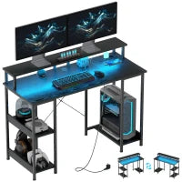 Scrivania per PC Reversibile con Prese Elettriche, Luci, Supporto Monitor e Scaffale, 120x50cm, Nero