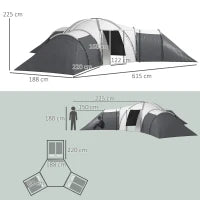 Tenda da Campeggio 6 Posti Impermeabile con 3 Aree Notte, Soggiorno e Portico, in tessuto Oxford, Grigio
