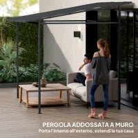 Pergola Addossata con Chiusure a Strappo, in Metallo e Poliestere, 238x238x235/194 cm, Grigio Scuro