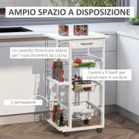 Carrello Isola da Cucina Salvaspazio in Legno di Pino, Carrello Portavivande con 4 Ruote Cassetto 3 Cesti Estraibili Portafrutta, Bianco