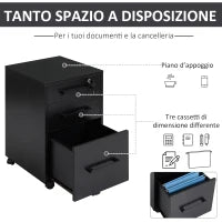 Cassettiera Portadocumenti da Ufficio Schedario con 3 Cassetti e Serratura, in Legno, Nero, 39.2 x 40 x 65.4cm