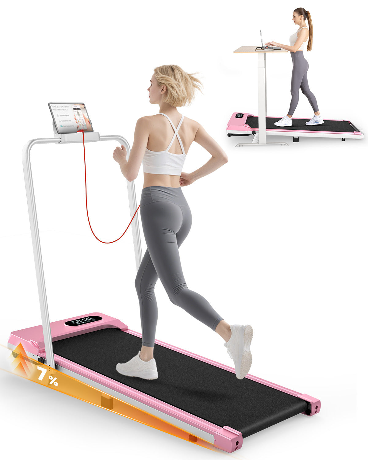 Tapis Roulant Elettrico Pieghevole 1-8 km/h - RATTANTREE - con Inclinazione, Display a LED, Supporto per App e Tablet - Portante 145kg - Rosa