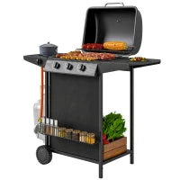Barbecue a Gas con 4 Bruciatori Indipendenti e Coperchio con Termometro, 108x54x97 cm, Nero