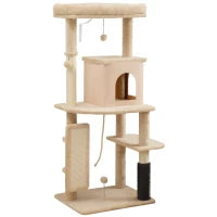 Albero per Gatti Multilivello Alto 132 cm con Casetta, Lettino, Pali Tiragraffi, Spazzola e Pallina, Beige