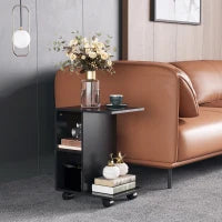 Tavolino da Salotto a C con 2 Ripiani Aperti e 4 Ruote Girevoli, 45x35x58 cm, Nero