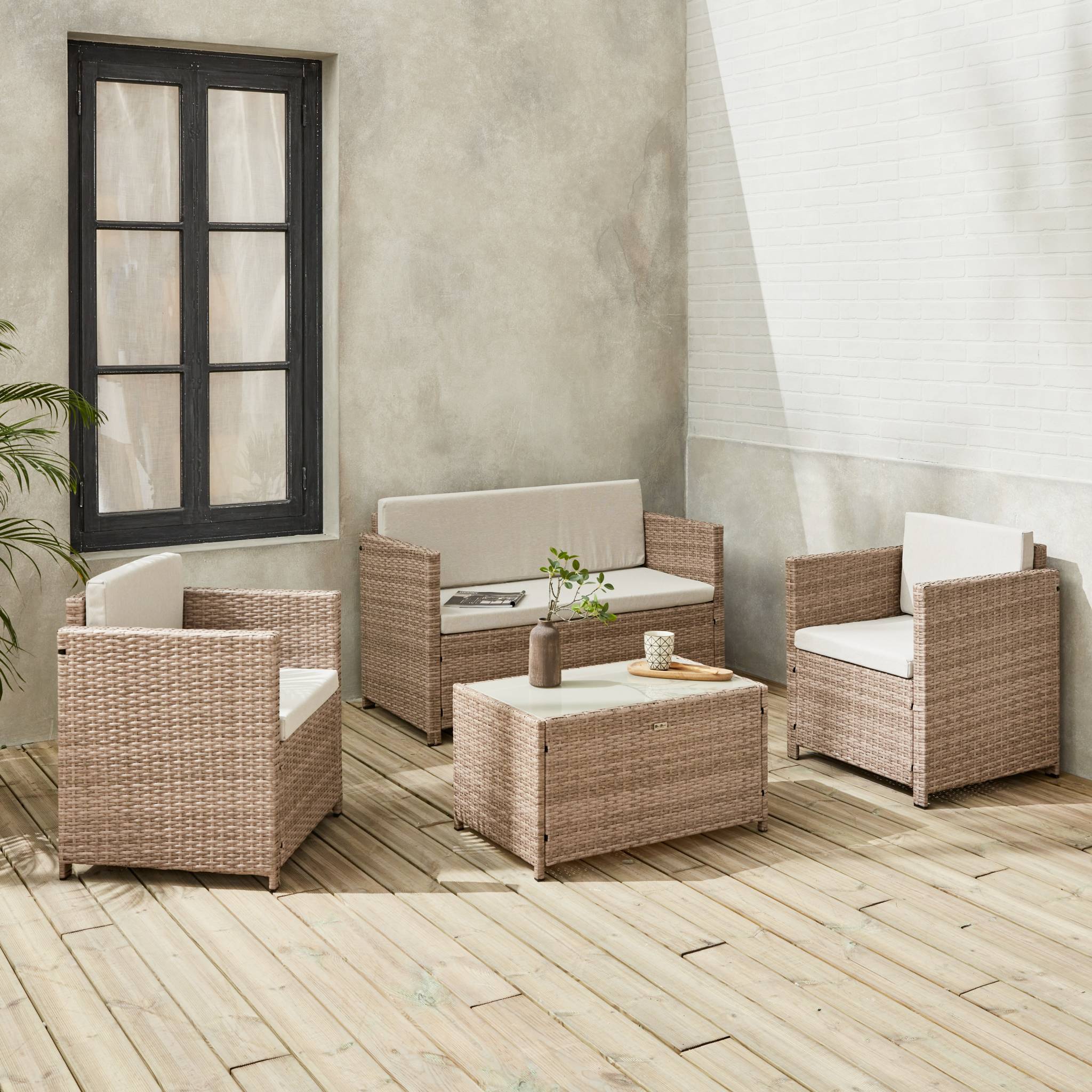 Salotto da giardino in resina intrecciata, 4 posti, marrone naturale