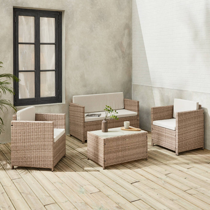 Salotto da giardino in resina intrecciata, 4 posti, marrone naturale