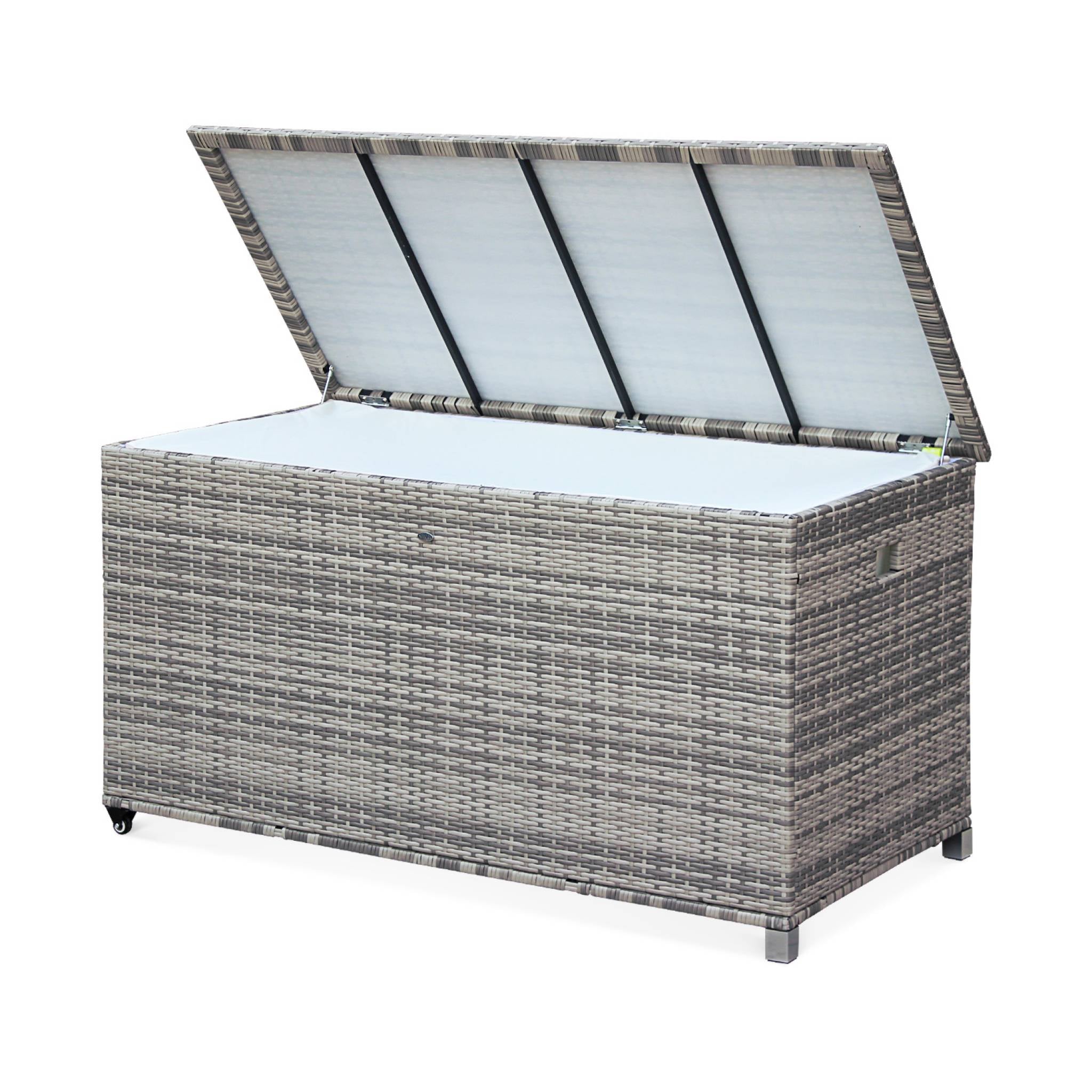 Baule da giardino in resina intrecciata con rotelle e fodera interna,