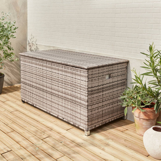 Baule da giardino in resina intrecciata con rotelle e fodera interna,