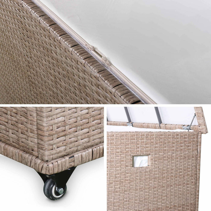 Baule da giardino in resina intrecciata con rotelle e fodera interna,