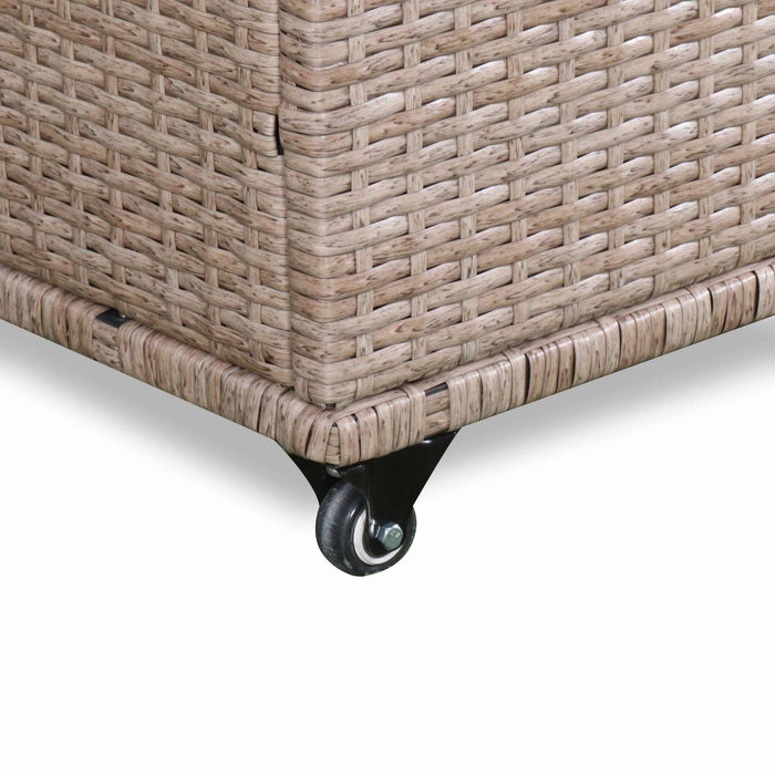 Baule da giardino in resina intrecciata con rotelle e fodera interna,