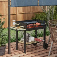 Barbecue a Carbonella ad Altezza Regolabile con 2 Griglie e 2 Ripiani, in Metallo e Legno, 113x53.5x82.5 cm, Nera