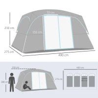 Tenda da Campeggio 4 Persone Impermeabile con 2 Stanze e Finestre a Rete, 400x275x210 cm, Grigia
