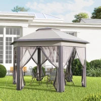 Gazebo 4x4m Impermeabile Pop-up Esagonale Pieghevole, Doppio tetto, Gazebo da Giardino con 6 Pareti Laterali, Tenda da Festa con Borsa da Trasporto Inclusa, Caffè e Beige