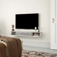 Mobile TV Sospeso in Legno con 2 Ripiani Aperti e Armadietto, 120x26x16 cm, Bianco e Grigio