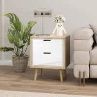 Comodino con 2 cassetti silenziosi e piedi in legno massiccio, 40 x 35 x 50 cm, Bianco lucido