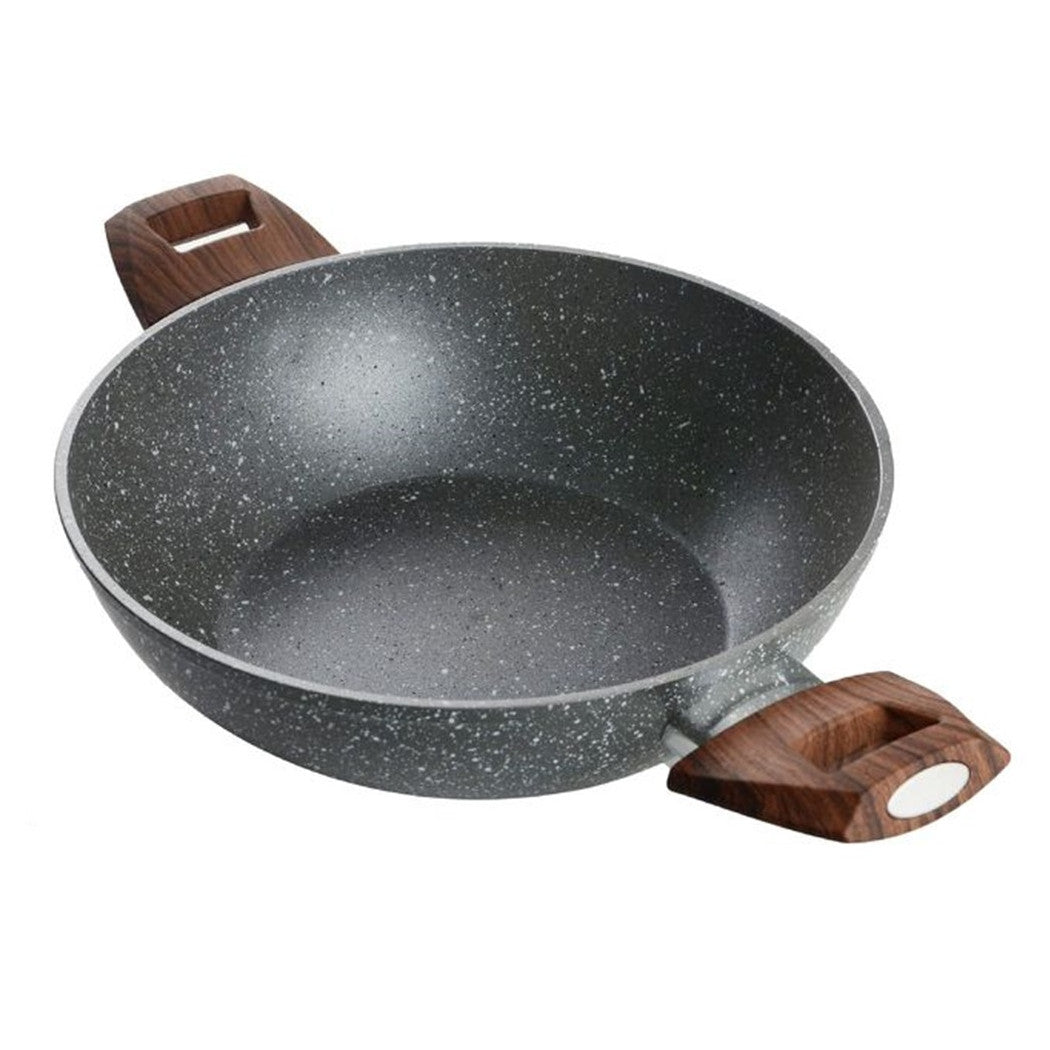 Trade Shop - Wok Rivestimento Antiaderente Antigraffio Per Induzione Con 2 Manici Legno ø24-28-32cm -
