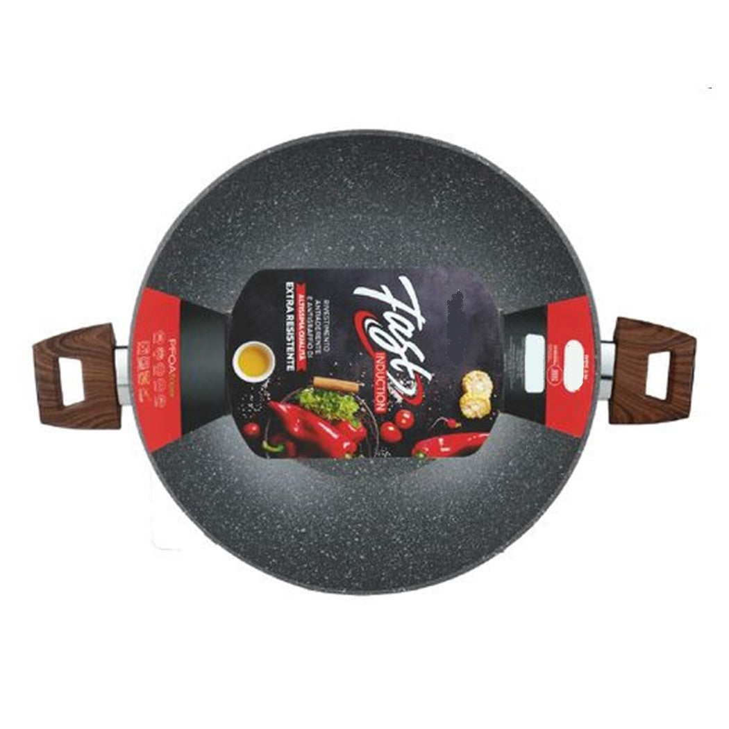 Trade Shop - Wok Rivestimento Antiaderente Antigraffio Per Induzione Con 2 Manici Legno ø24-28-32cm -