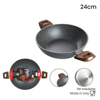 Trade Shop - Wok Rivestimento Antiaderente Antigraffio Per Induzione Con 2 Manici Legno ø24-28-32cm -    -diametro 24   -