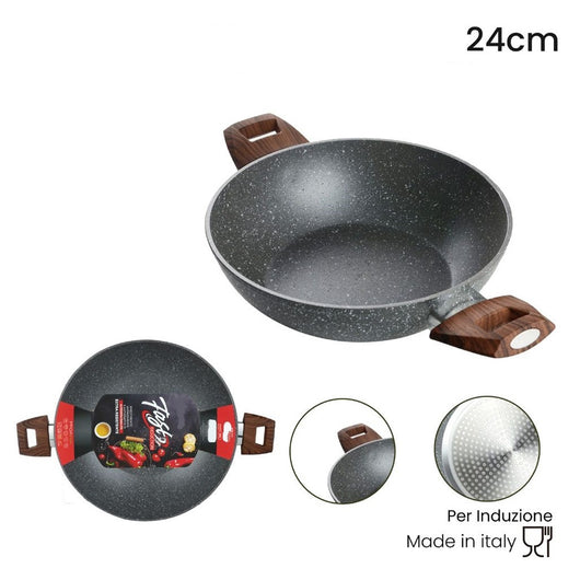 Trade Shop - Wok Rivestimento Antiaderente Antigraffio Per Induzione Con 2 Manici Legno ø24-28-32cm -    -diametro 24   -
