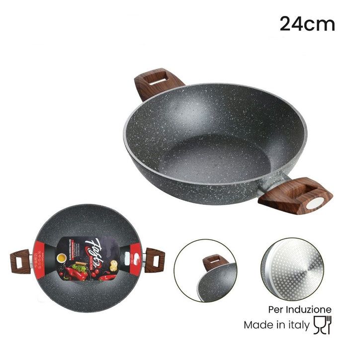 Trade Shop - Wok Rivestimento Antiaderente Antigraffio Per Induzione Con 2 Manici Legno ø24-28-32cm -    -diametro 24   -