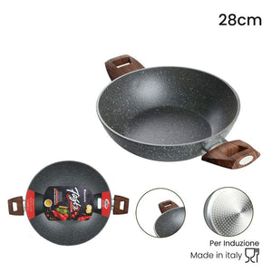 Trade Shop - Wok Rivestimento Antiaderente Antigraffio Per Induzione Con 2 Manici Legno ø24-28-32cm -    -diametro 28cm   -