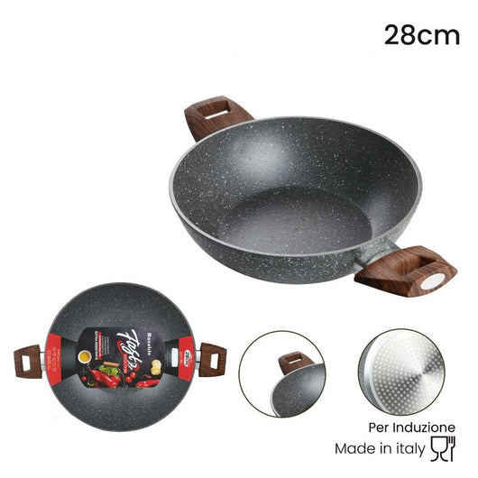 Trade Shop - Wok Rivestimento Antiaderente Antigraffio Per Induzione Con 2 Manici Legno ø24-28-32cm -    -diametro 28cm   -