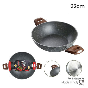 Trade Shop - Wok Rivestimento Antiaderente Antigraffio Per Induzione Con 2 Manici Legno ø24-28-32cm -