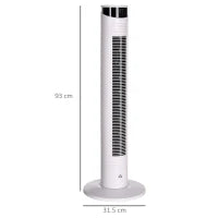 Ventilatore a Torre 45W a 3 Modalità e 3 Velocità con Timer da 12h, in ABS e Alluminio, Ø31.5x93 cm, Bianco