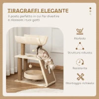 Albero Tiragraffi per Gatti con Lettino, Cuccia e Tappetino, in Legno, Peluche e Sisal, 60x30x76 cm, Marrone Chiaro