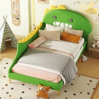 Letto Imbottito per Bambini 4+ Anni a Forma di Dinosauro con Doghe in Legno, Rivestimento in Pelle PU, Senza Materasso, 90×200 cm, Verde