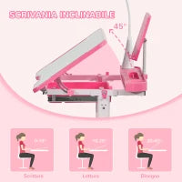 Set Scrivania per Bambini 6-12 Anni con Sedia Regolabile in Altezza, Cassetto, Luce e Piano Inclinabile, Rosa