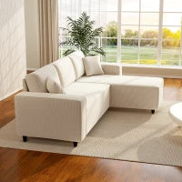 Divano con Penisola a 3 Posti in Tessuto Effetto Velluto, Schiuma e Nylon, 241x153x83 cm, Bianco Crema