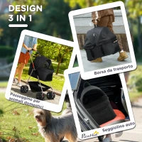 Passeggino per Cani 3 in 1 Pieghevole con Borsa Trasportino e Cestino Inferiore, Nero