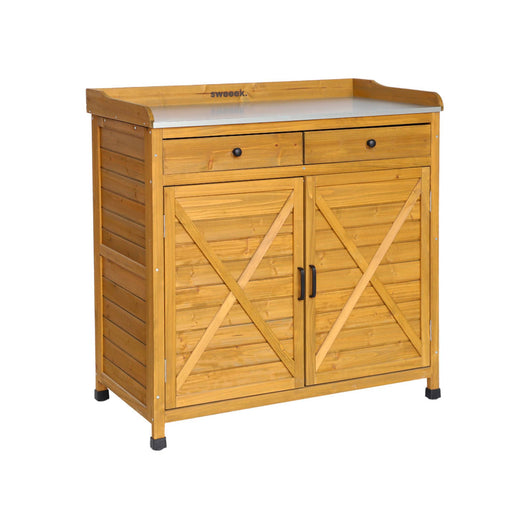 Contenitore, tavolo da vaso in legno di abete, 2 ante, 2 cassetti,